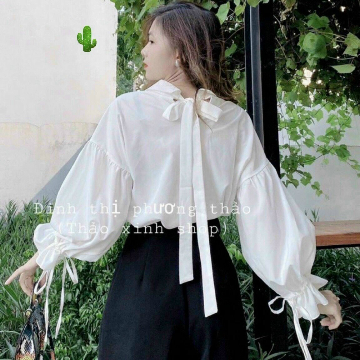 Áo sơ mi form rộng tay bồng cột nơ sau cổ cực xinh , chất kate lụa mềm mịn mát