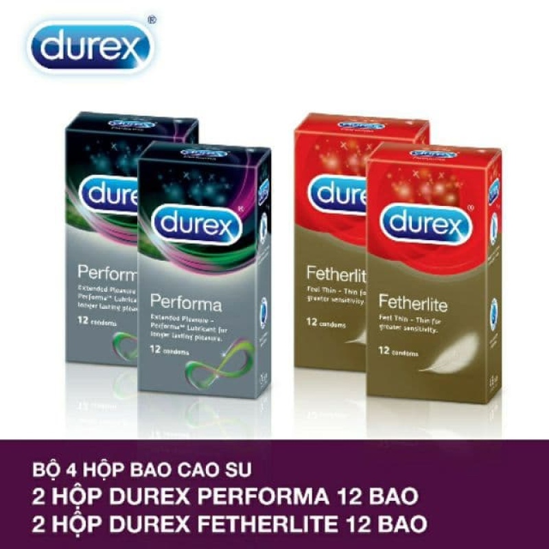 Bộ 4 Hộp Bao Cao Su Siêu Mỏng Durex Fetherlite + Performa - Tặng kèm Gel Durex Play 50 ml cao cấp