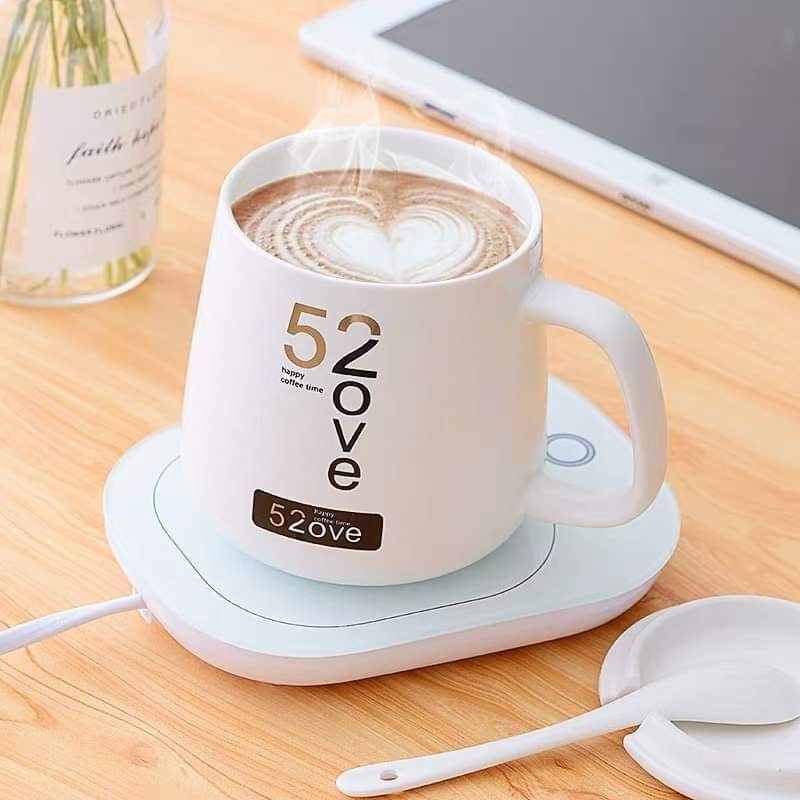 Bộ Cốc hâm nóng đồ uống tự động Lucky tặng thìa vàng và đế điện tạo nhiệt