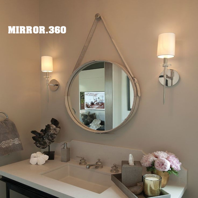 (Size 40cm) Gương Tròn Treo Tường Viền Da Simili (Màu trắng). Tặng kèm phụ kiện treo gương.