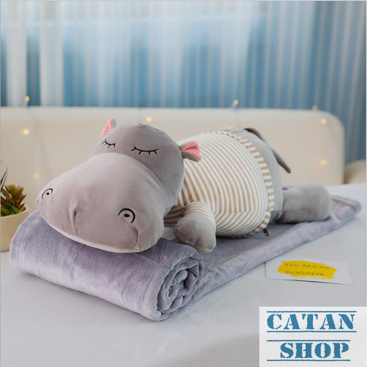 [HCM]Gối Mền Hà Mã Lười 3 Trong 1 Hàng Siêu To Nỉ Nhung Cực Mịn Chăn Gối Văn Phòng Gấu Bông Kèm Mền. HÀ MÃ