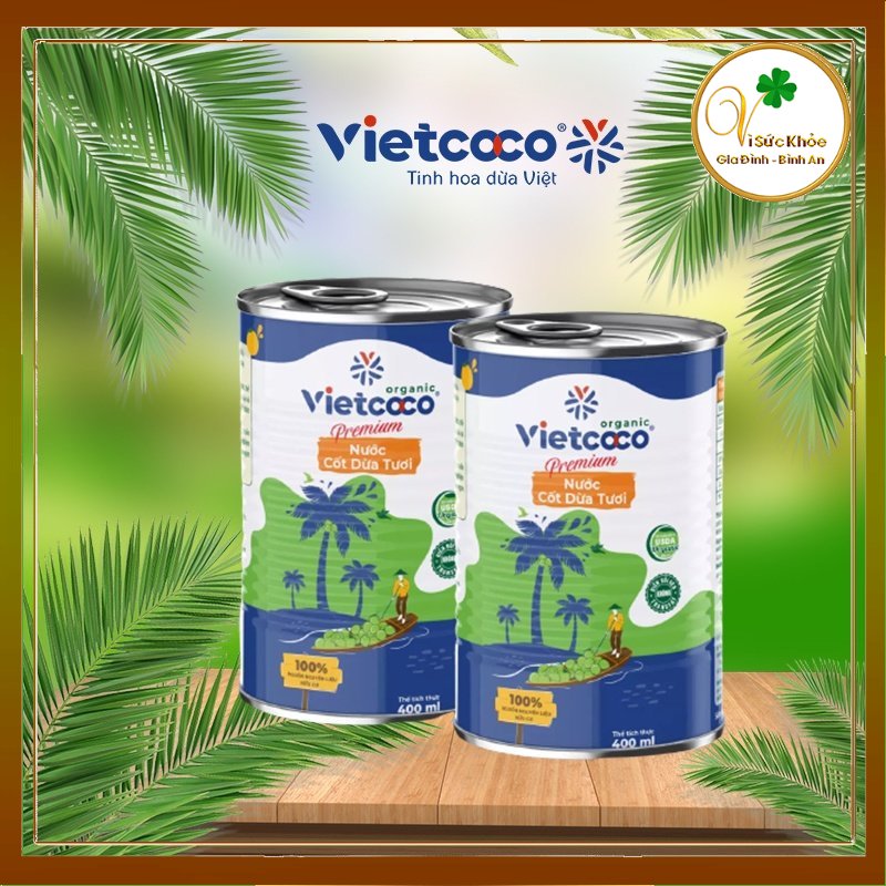 Nước cốt dừa Hữu cơ Vietcoco đóng hộp lon dung tích 400 ml ăn Keto, ăn chè