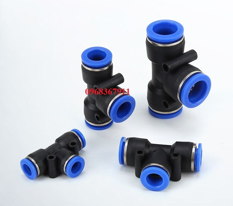 Đầu nối pe chia ba chữ t khí nén, phun sương pe 4, pe 6, pe 8, pe 10, pe 12, pe 14, pe 16