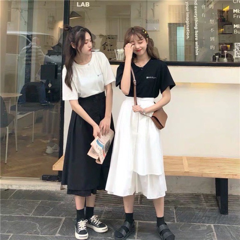 Chân Váy Dài 2 Tầng Vạt Lệch Ulzzang 2 Màu Siêu Hot