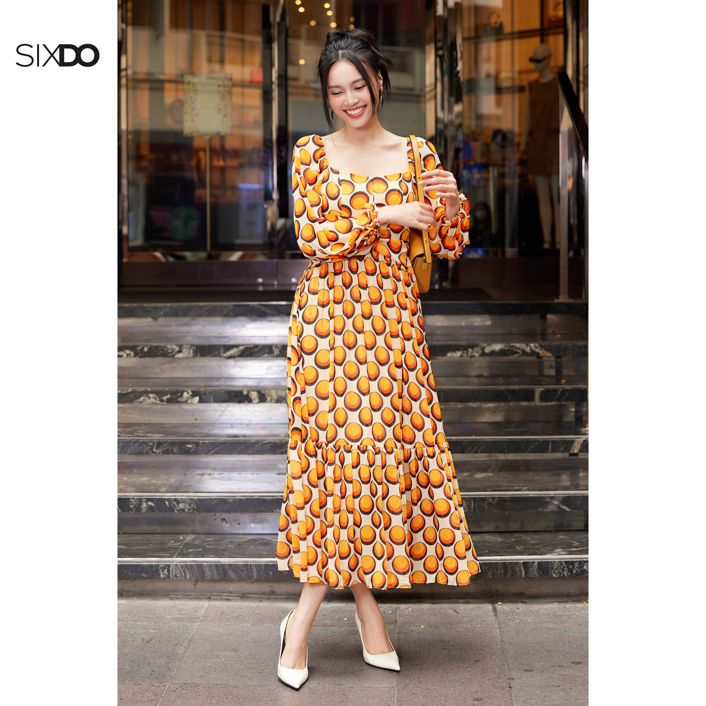 Đầm chiffon chấm bi cổ vuông SIXDO (Cream Polka Dot Midi Chiffon Dress)