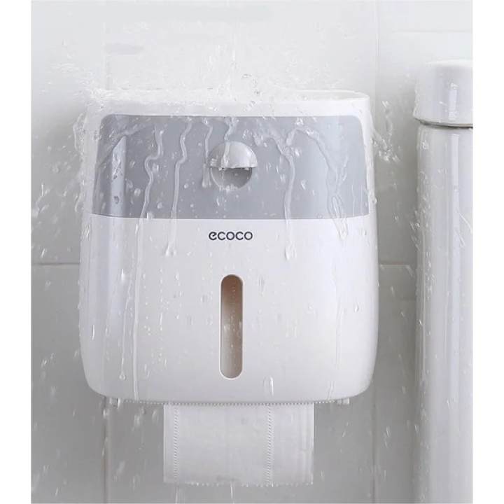 Hộp đựng giấy vệ sinh treo tường toa lét, nhà tắm đa năng Ecoco bằng nhựa cao cấp, bên trên bằng phẳng đựng đồ dùng gọn gàng, có khe cắm điện thoại…