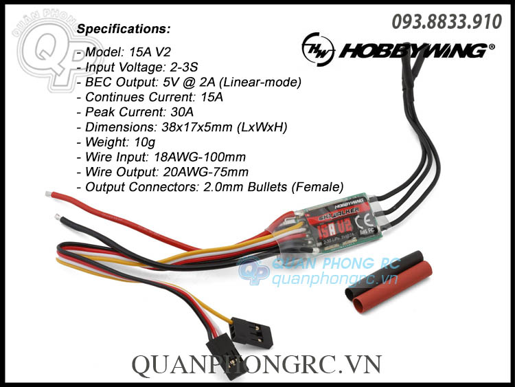 Bộ Điều Tốc Hobbywing SkyWalker 15A V2 UBEC Brushless ESC (2-3S)