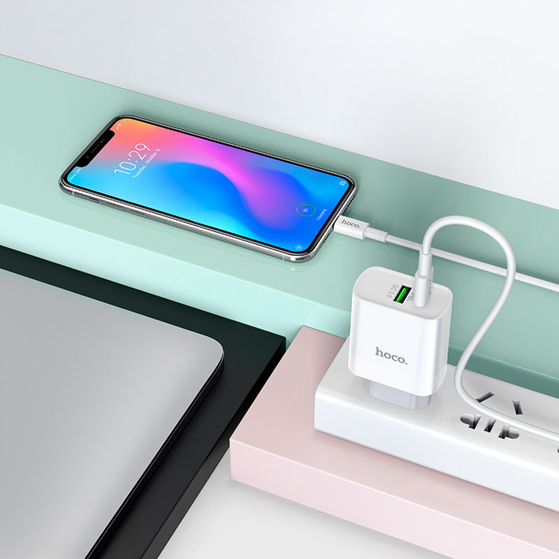 Bộ Cốc sạc 2 cổng USB và PD kèm Cáp sạc Type-C to Type-C Hoco C80A QC3.0 và PD18W (Trắng) - Hãng phân phối chính thức - Nhất Tín Computer