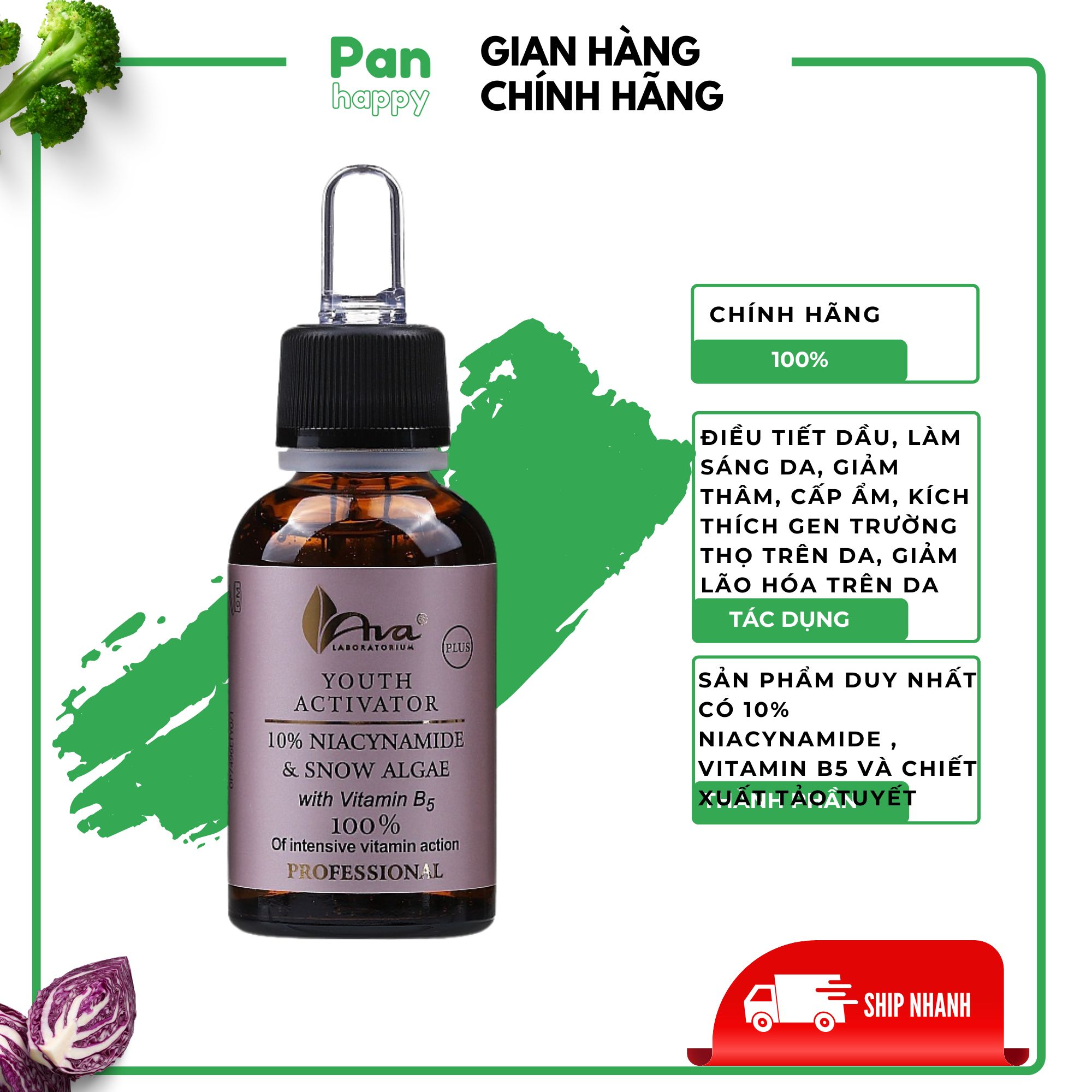 Ava laboratorium serum sáng da, giảm thâm, ngừa lão hóa niacinamide, b5 và tảo tuyết - 30ml