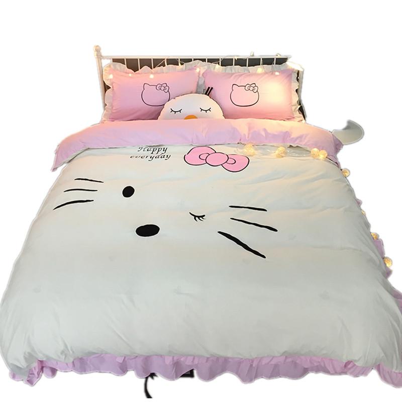 Thêu Hoa Hoạt Hình Hello Kitty Bộ Bốn Chiếc Bông Mềm Hello Kitty Giường Công Chúa Váy/Đơn 1.8m Trẻ Em Trên Giường Cung Cấp