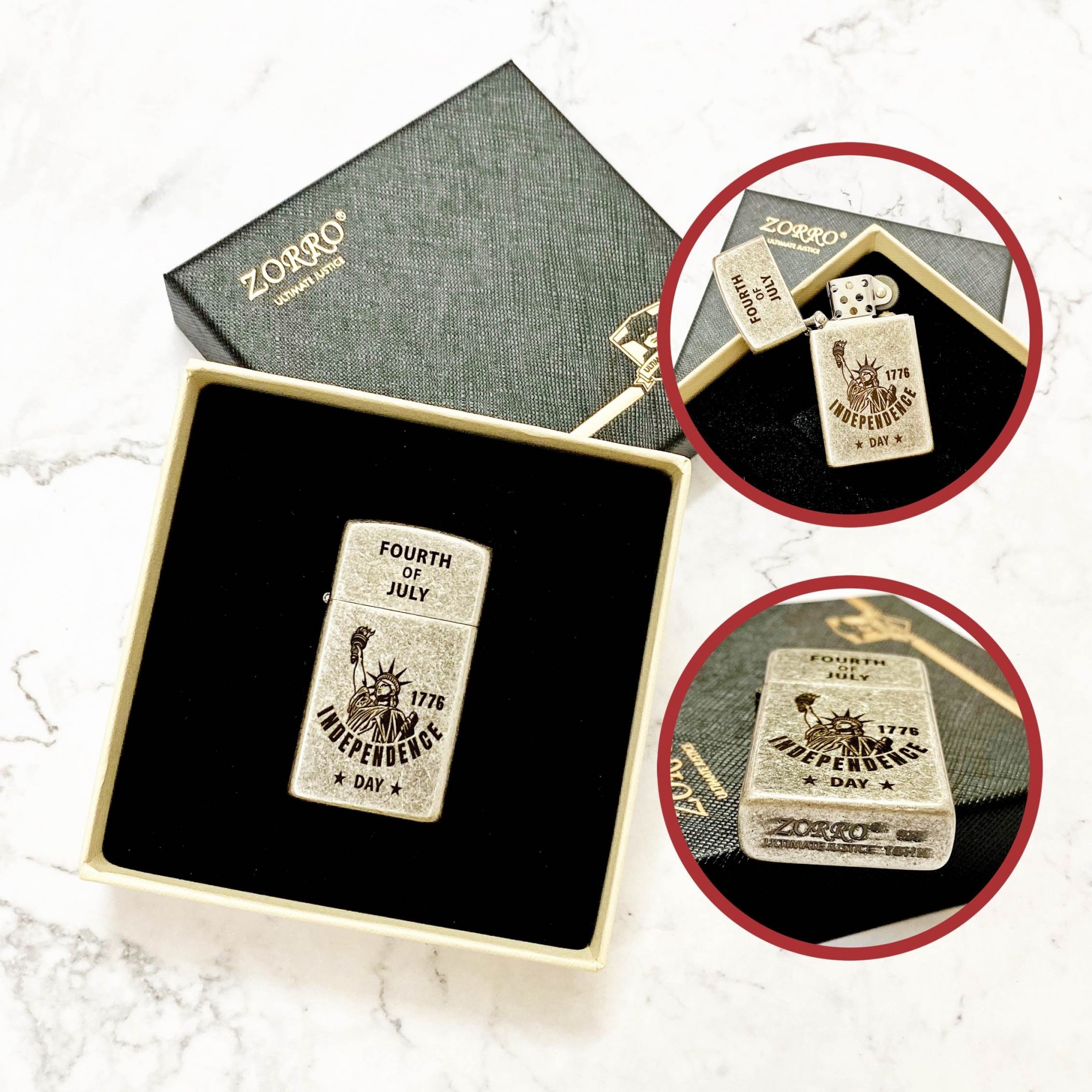 BẬT LỬA ZIPPO SLIM ZORRO - BẠC CỔ HÌNH NỮ THẦN TỰ DO (NGÀY ĐỘC LẬP HOA KỲ 1776) (FILL BOX) - (XÀI XĂNG)