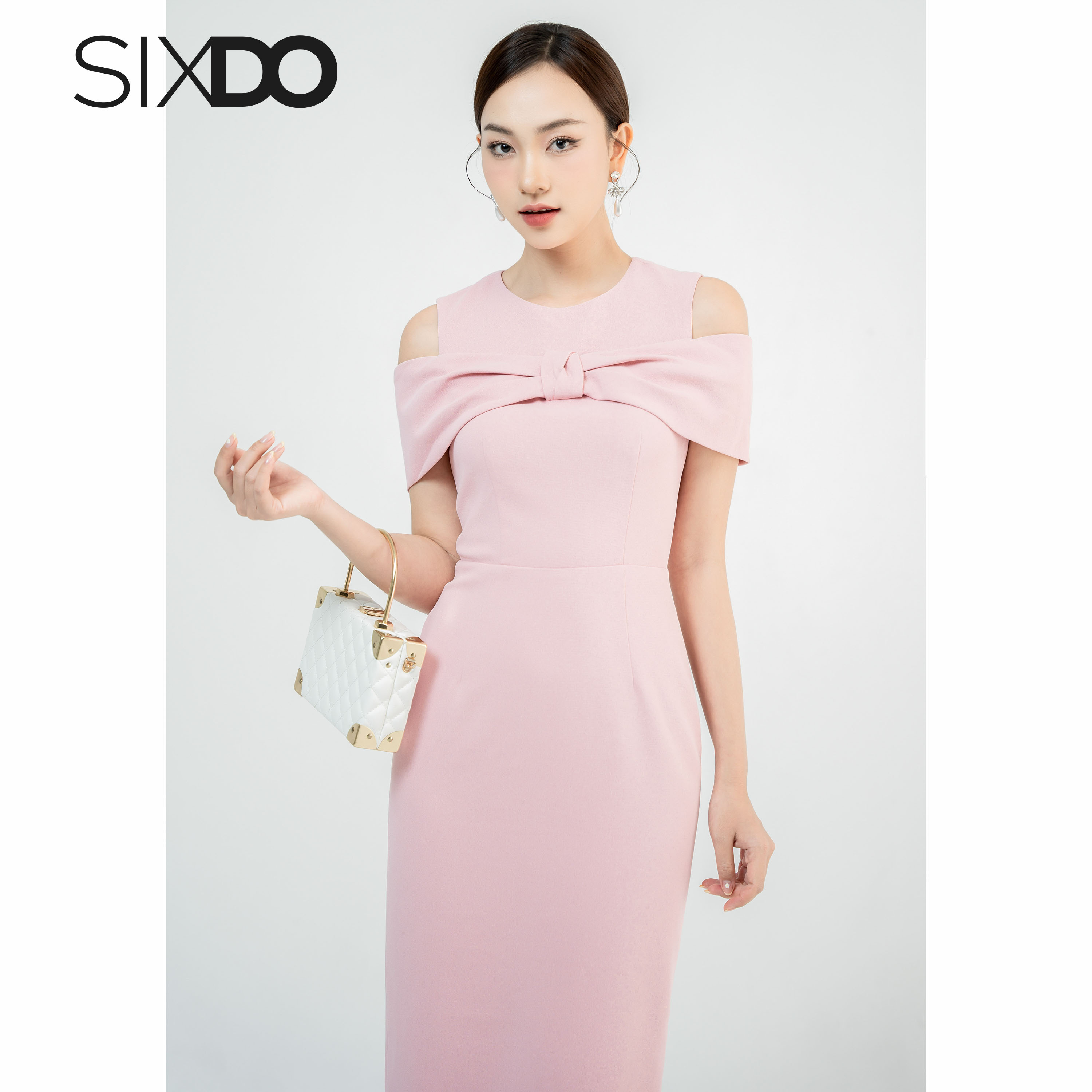 Đầm hồng cổ tròn hở vai SIXDO (Pink Cape Midi Woven Dress)