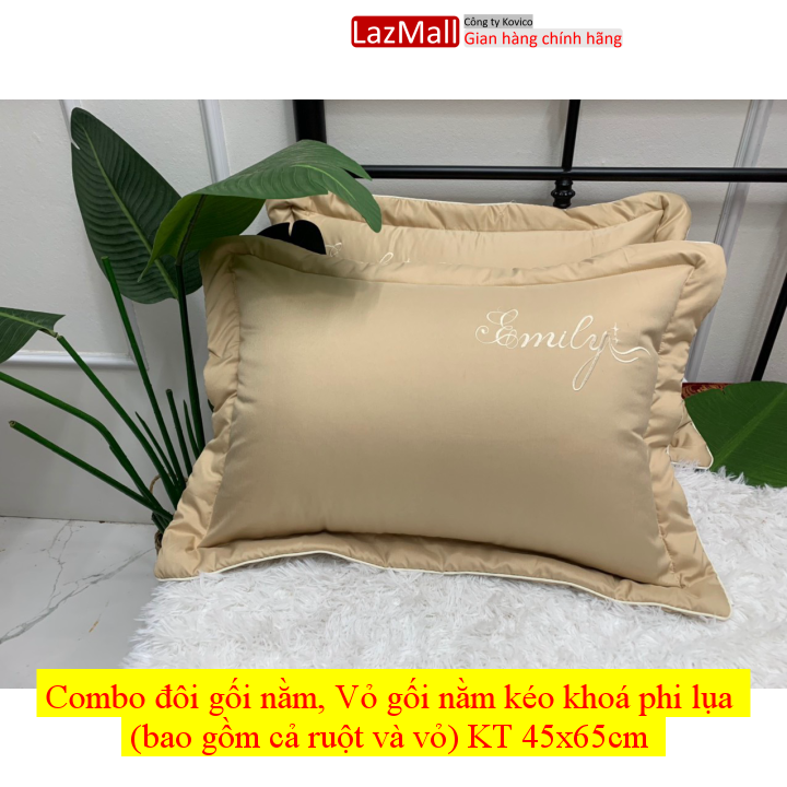 Combo đôi gối nằm, Vỏ gối nằm kéo khoá phi lụa (bao gồm cả ruột và vỏ) KT 45x65cm