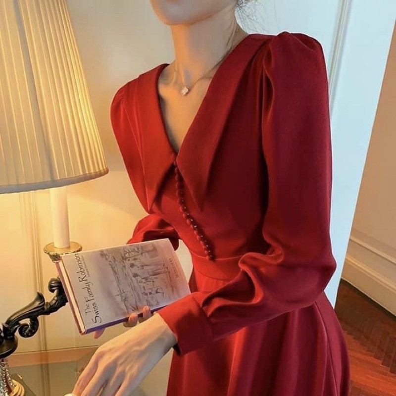 Đầm cổ vest nút bọc 2 màu