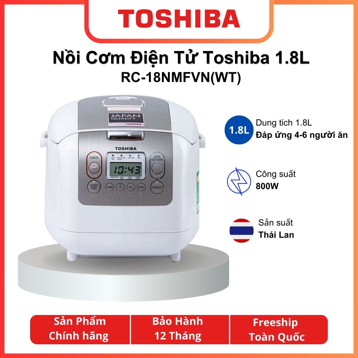 Nồi cơm điện tử Toshiba RC-18NMFVN(WT) - 1.8 lít - Lòng nồi dày 4 mm hợp kim nhôm chống dính - Hàng chính hãng - Bảo hành 12 tháng
