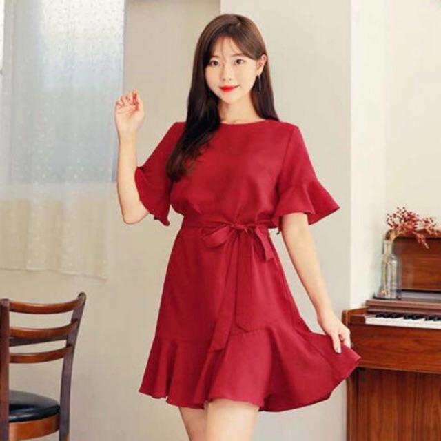 Đầm đỏ cột eo (kèm hình thật)