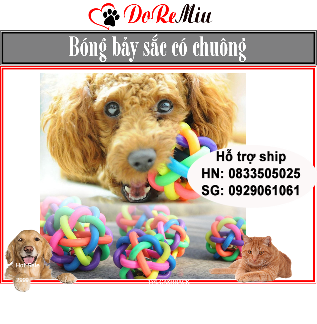 Doremiu- Bóng bảy sắc cầu vồng có chuông- đồ chơi cho chó mèo