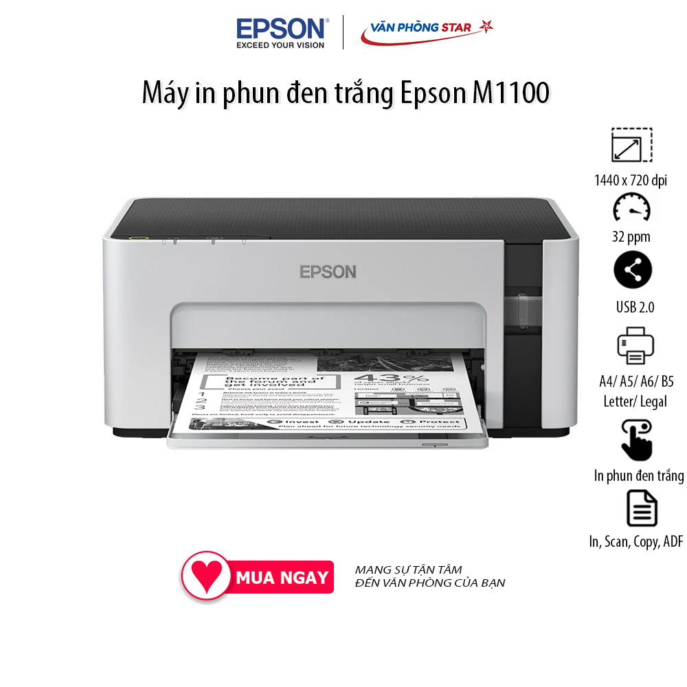 Máy in Epson M1100 In phun trắng đen, độ phân giải 1440 dpi x 720 dpi