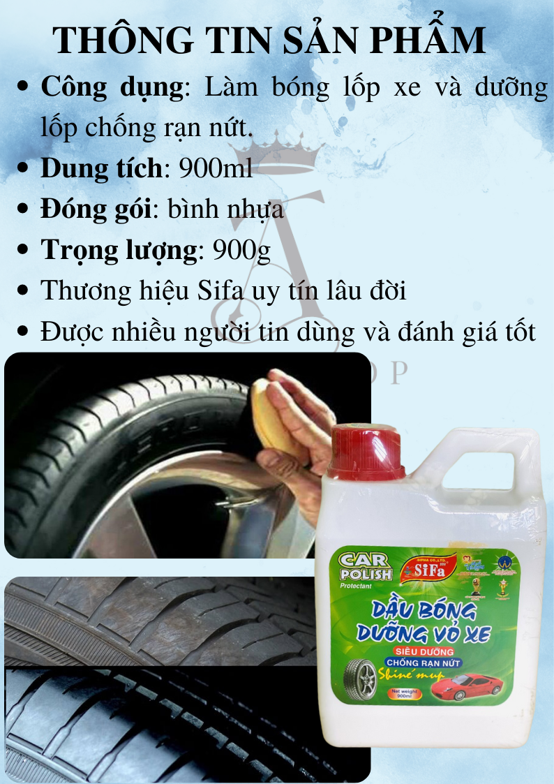 Dung dịch dưỡng bóng lốp xe chống rạn nứt SIFA 900ML phiên bản mới, dung dịch chăm sóc vỏ xe hơi xe máy ô tô, dầu đánh bóng lốp oto moto, bảo dưỡng vỏ xe đen bóng như mới, hỗ trợ rửa xe vệ sinh xe sạch đẹp, chai lớn 0.9L