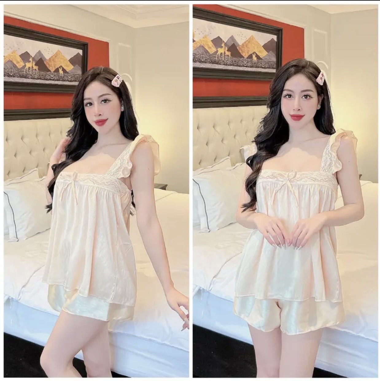 Free size 45-58kg set bộ cổ vuông phi bóng phối ren mềm mịn sexy