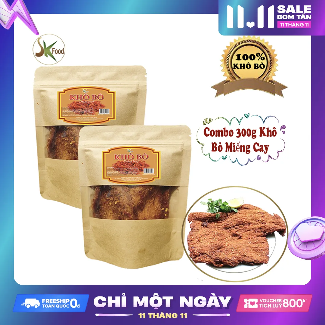 [HCM]Combo 2 Bịch Khô Bò Miếng Cay Thượng Hạng SK FOOD (100% Thịt Bò) Tổng 300g