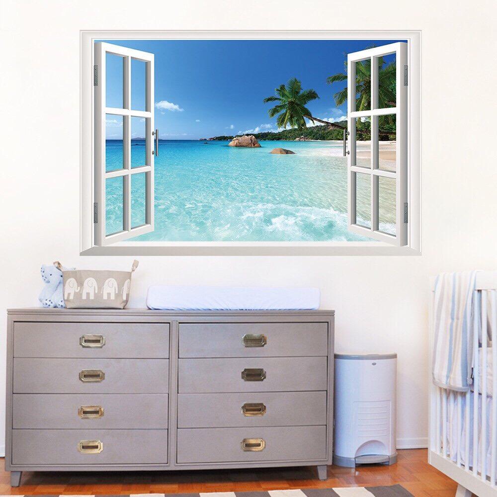 [HCM]Decal dán tường hình cửa sổ bãi biển