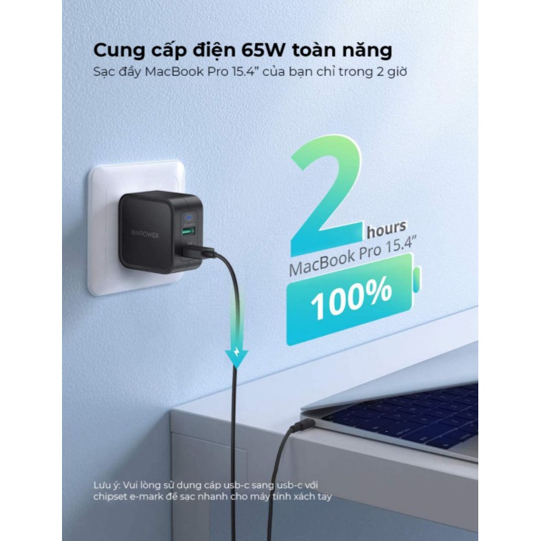 Củ Sạc Nhanh GaN 65W RavPower PD 2 cổng (USB + C) RP-CPCN002