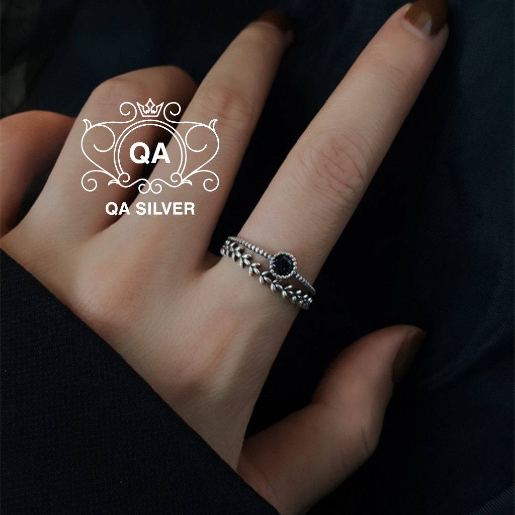 Nhẫn bạc 925 hai tầng mặt đá đen tròn lá nữ S925 LAYER QA SILVER Ring RI230503