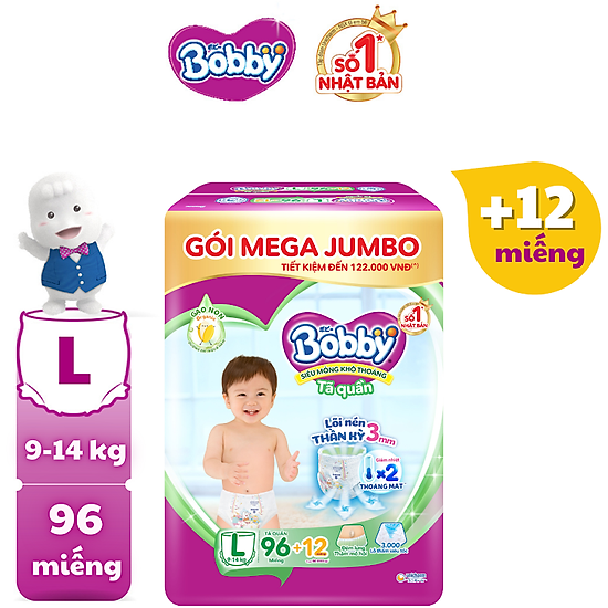 Tã quần bobby mega jumbo mẫu mới m120, l96, xl92, xl84, xxl76