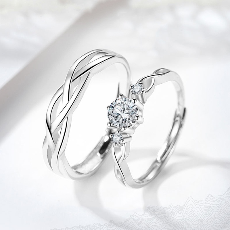 ◆✚☇ Set 2 Nhẫn Đính Hôn Bạc Đính Đá Lấp Lánh Dành Cho Cặp Đôi