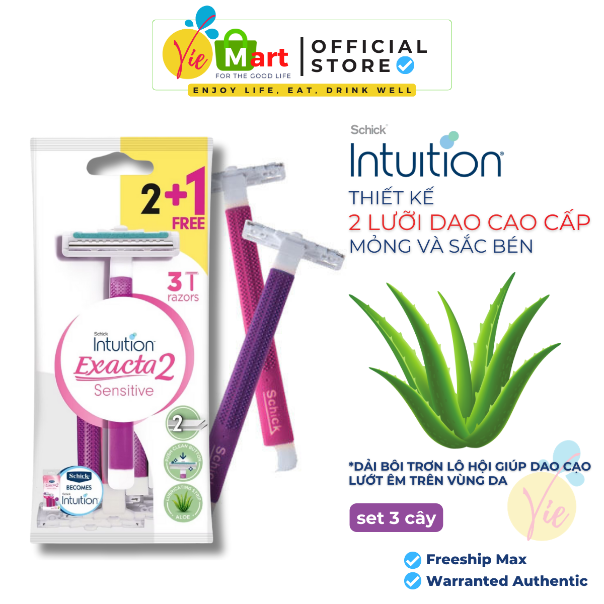 Set 3 dao cạo nữ 2 lưỡi dao kép schick intuition exacta 2 sensitive - hàng chính hãng