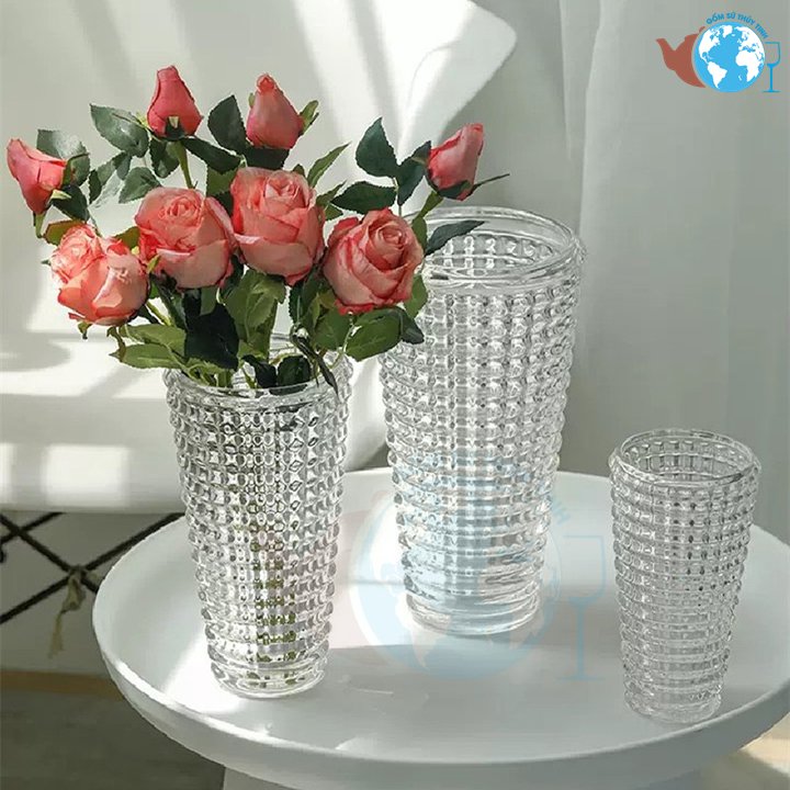 Lọ hoa trang trí thủy tinh DELI DSHP121-3 cao cấp cao 27cm lọ cắm hoa lớn nhất, Bình bông thủy tinh miệng lớn họa tiết caro kim cương