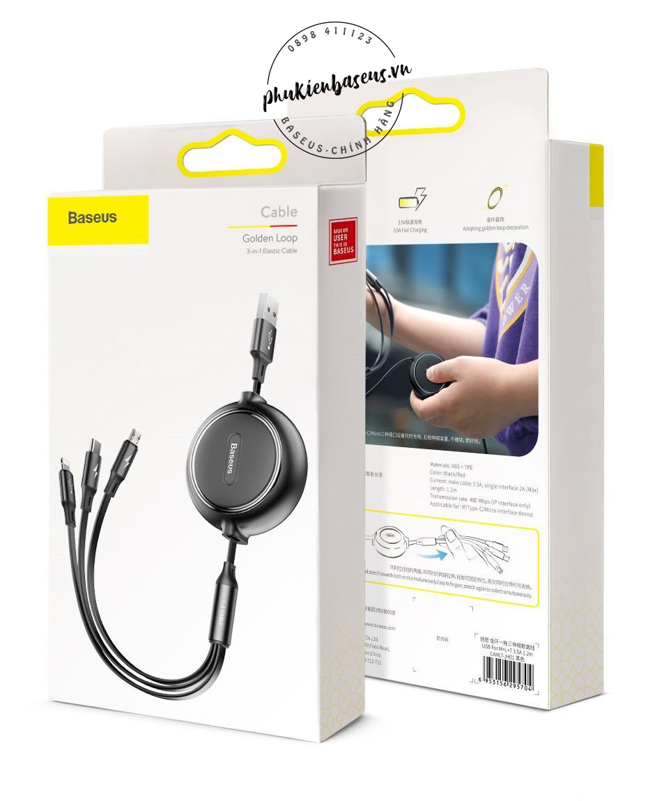 Cáp sạc dây rút 3 đầu Baseus Golden Loop 3 in 1 Elastic (3.5A, Type C/ Lightning/ Micro USB, Adjustable, Data & Fast Charge Cable)