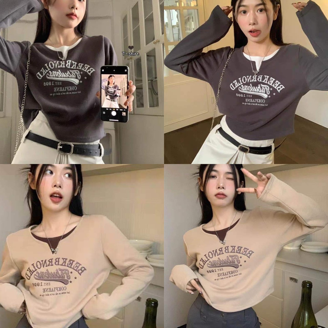 Áo croptop tay dài form rộng có in chữ ttslt0065