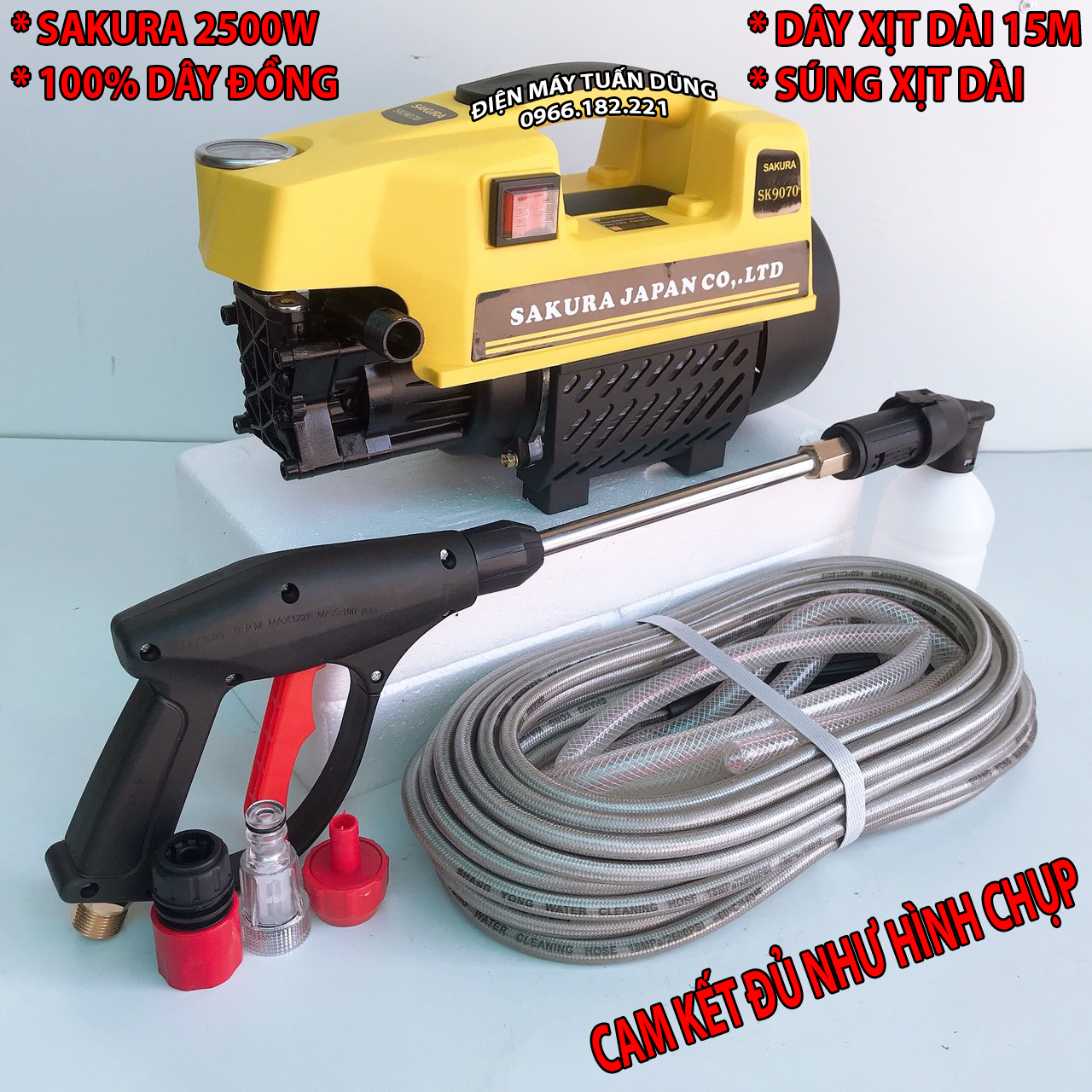 Máy rửa xe Sakura 2500W, dây 15m, 100% dây đồng, có bình bọt