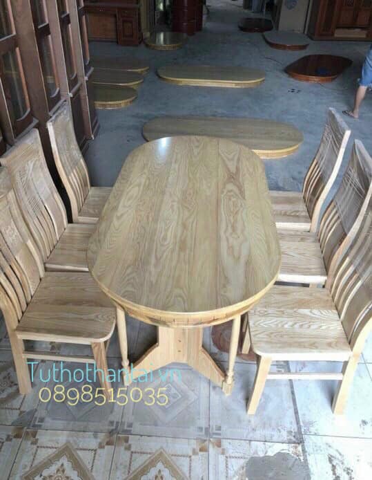 Bàn ăn gỗ Cao Su mặt phủ gỗ Sồi chân V