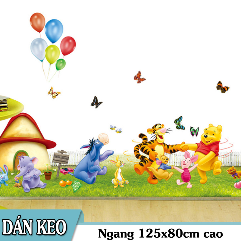Decal trang trí Chân tường cỏ hoa Gấu POOH và các bạn vui chơi size lớn