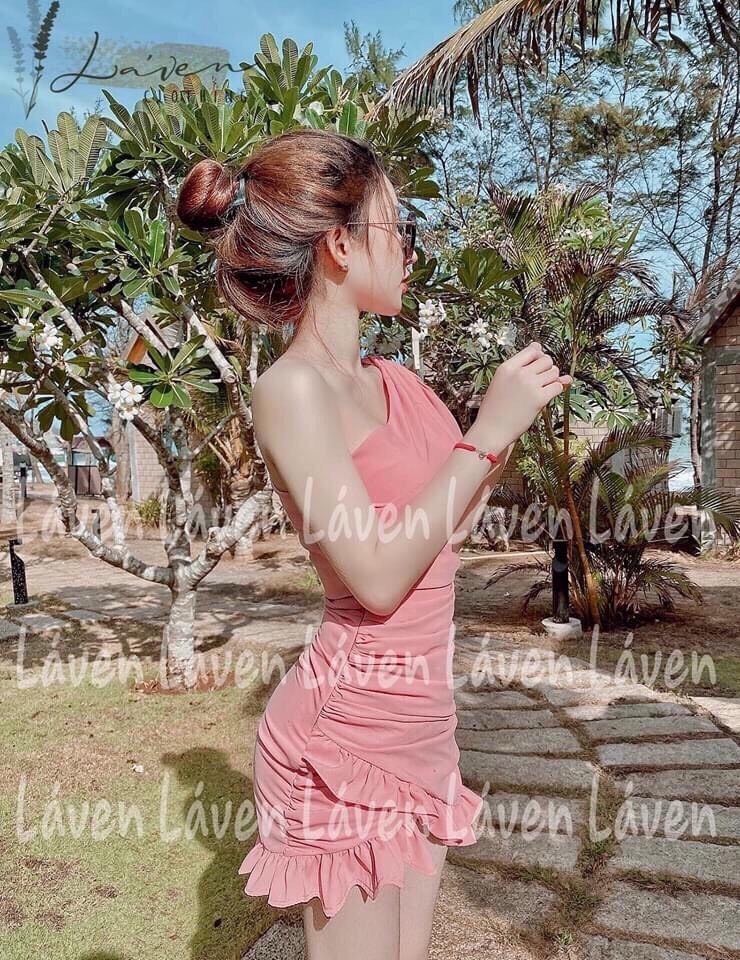 Đầm Trễ Vai Lệch Đuôi Bèo Nhún Dễ Thương