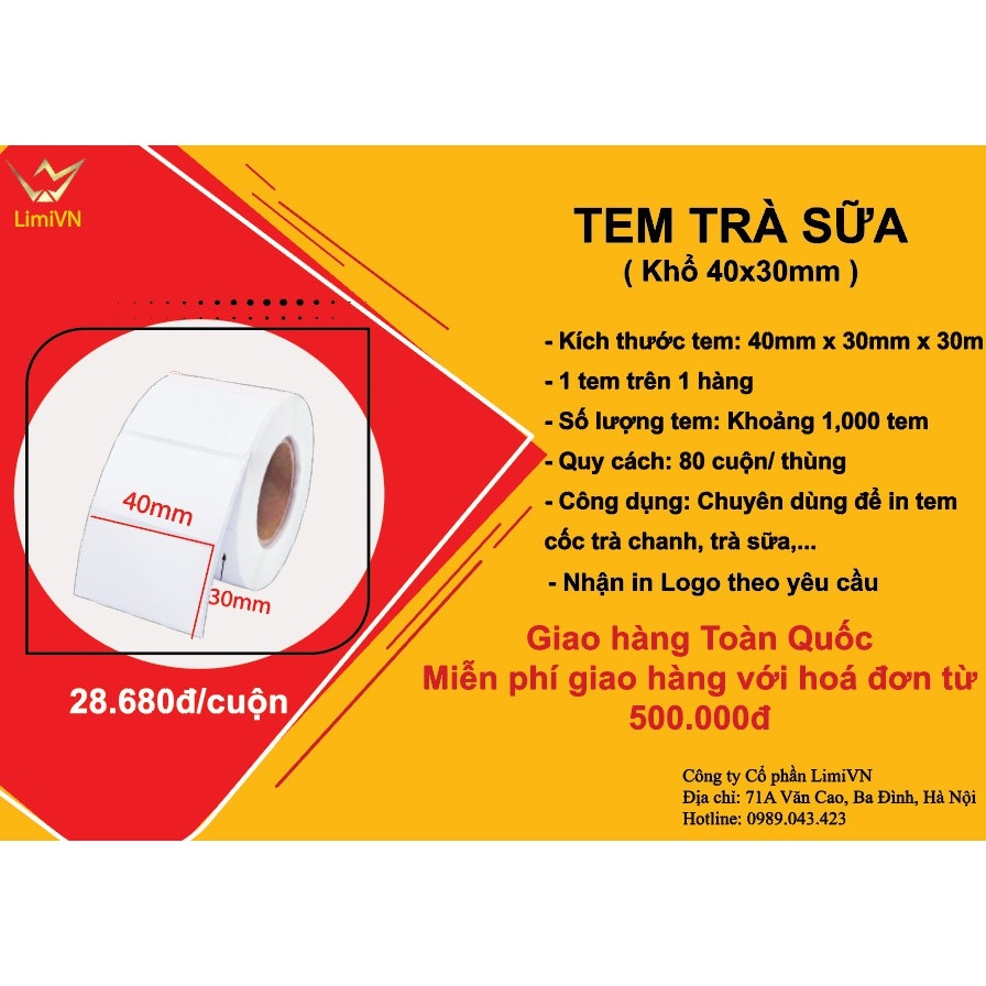 ▽∏☁ Tem trà sữa 40x30mm ( tem cuộn nhiệt)
