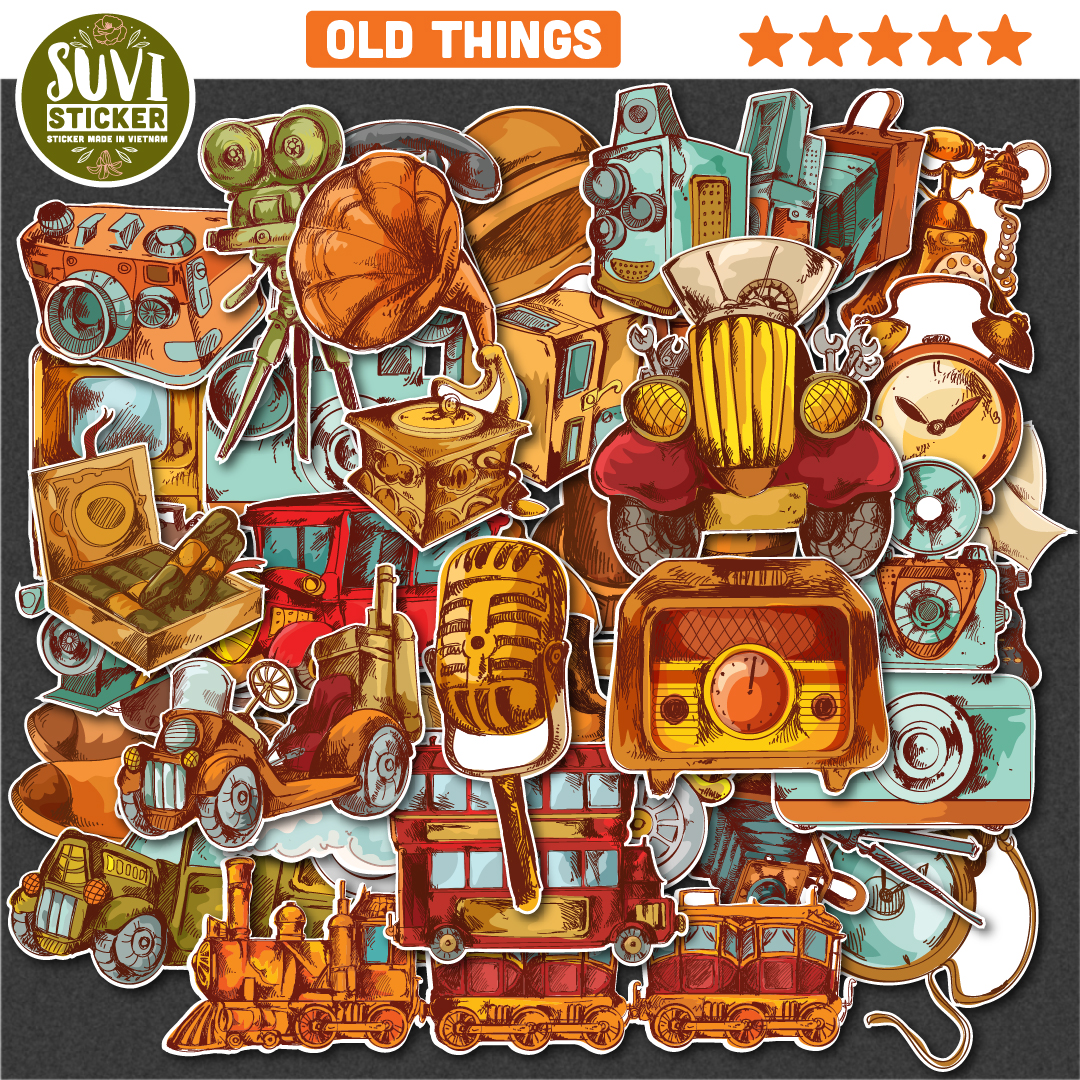 Sticker Retro Old Things chống nước dán laptop, điện thoại, đàn guitar, mũ bảo hiểm