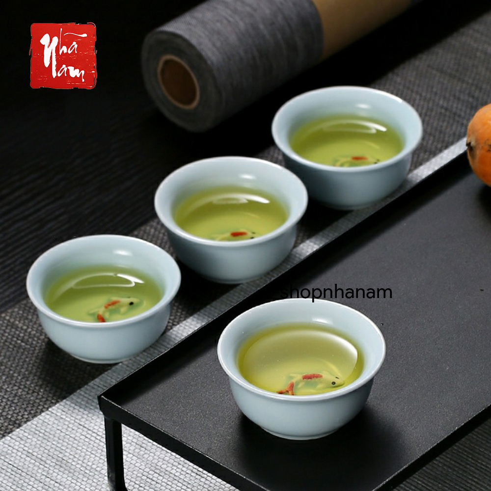Chén gốm sứ cá chép 3d men ngọc
