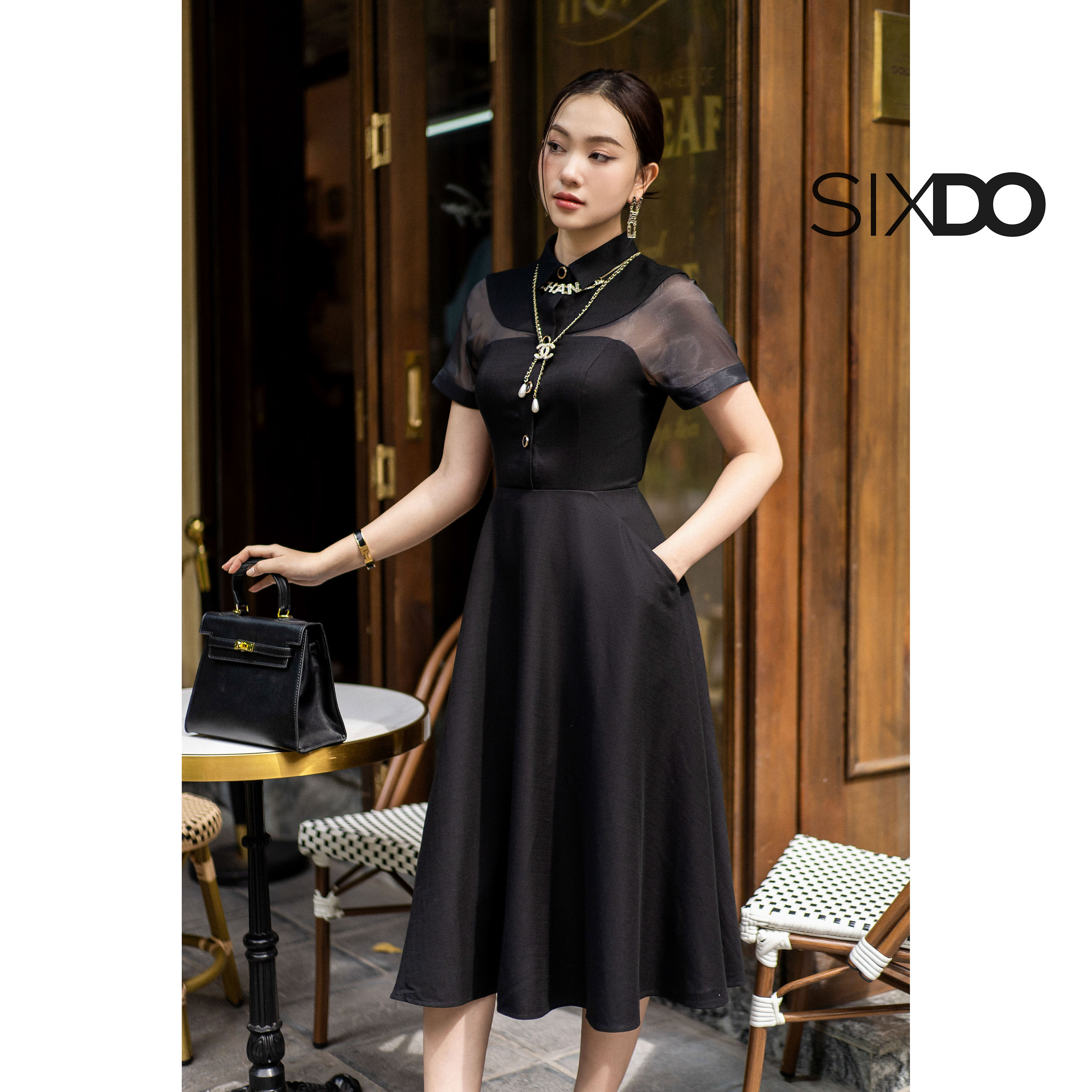 Đầm đen dáng xòe cổ sơ mi SIXDO (Black Midi Raw Dress)