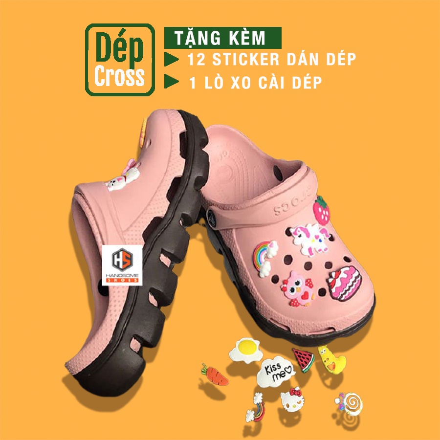 Dép cross khủng long busy unisex hồng đế răng cưa full hồng đế nâu tặng kèm sticker gắn dép cross
