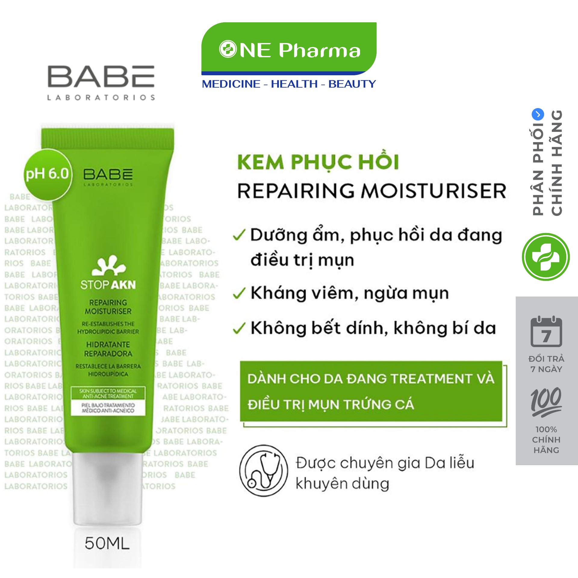 Kem dưỡng phục hồi da sau treatment Babe Stop Akn Repairing Moisturiser 50ml