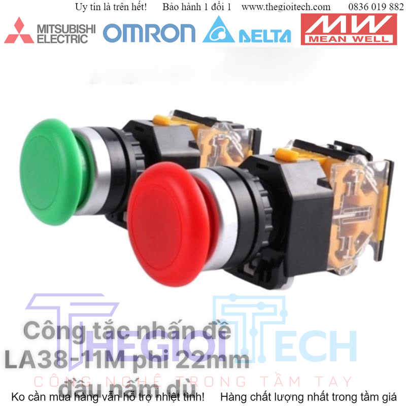 Công tắc nhấn đề LA38-11M phi 22mm đầu nấm dù