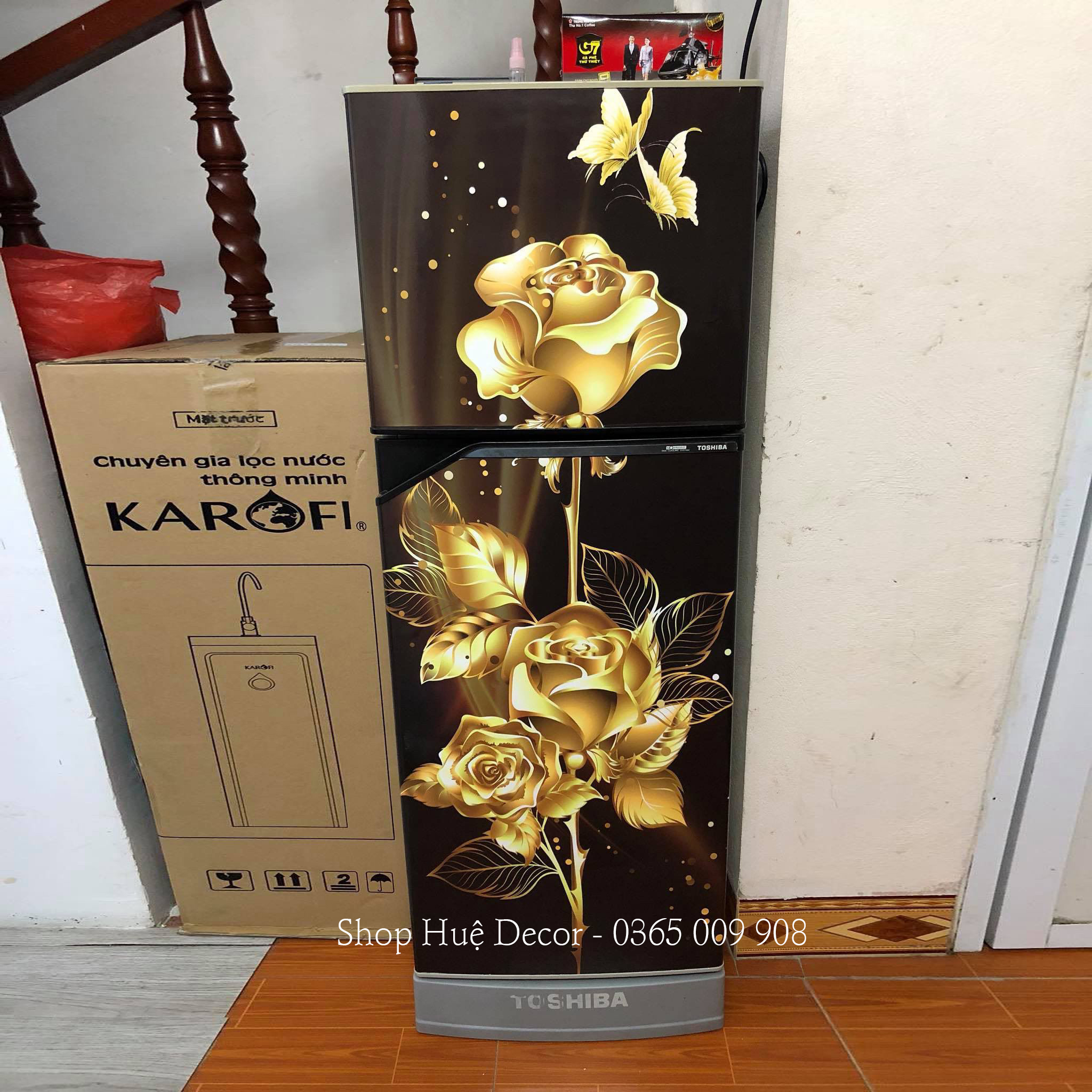 Decal dán tủ lạnh Hoa hồng vàng HUE DECOR  - Chất liệu  cao cấp siêu bền, chống nước, dễ dán tại nhà, phù hợp với mọi không gian