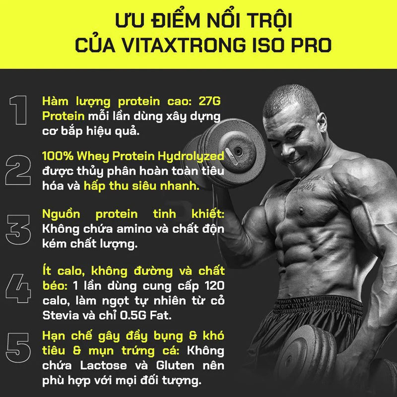 Sữa Dinh Dưỡng Giúp Tăng C ơ 100% Hydrolyzed Whey VITAXTRONG ISO PRO 5LBS 2.3KG Authentic