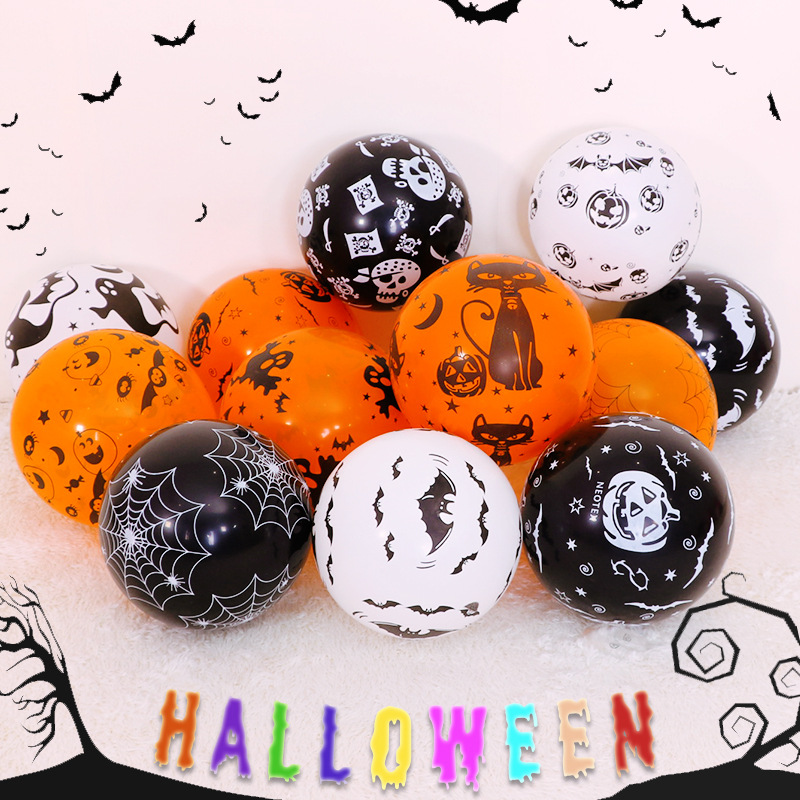 Set bong bóng chữ Happy Halloween, bong bóng bay màu đen cam, bong bóng in hoạ tiết Halloween trang trí lễ hội hóa trang