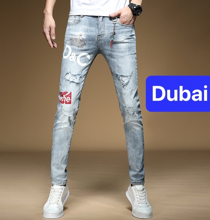 QUẦN BAGGY JEAN NAM CHẤT BÒ XANH THÊU VƯƠNG NIỆM RÁCH CO GIÃN NHẸ CAO CẤP VIP DB-1026 - DUBAI FASHION