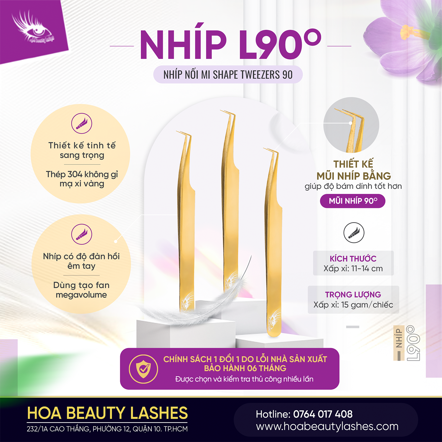 [Chính hãng] Nhíp nối mi L90 (L90° SHAPE TWEEZERS) Hoa beauty Lashesvn
